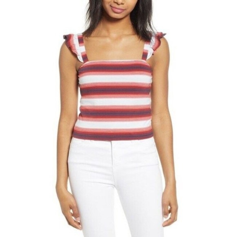 BP. Blue Red Retro Stripe Ruffle Strop Cropped Top